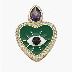 Copper Heart Pendant Pave Zirconia Evil Eye Green Enamel Gold Plated, approx 18mm