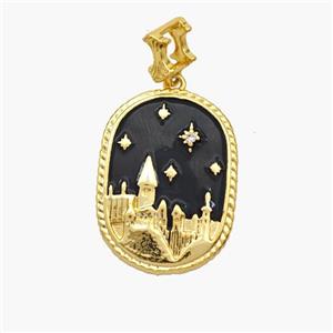 Copper Castle Pendant Black Enamel Gold Plated, approx 16-22mm, 6mm