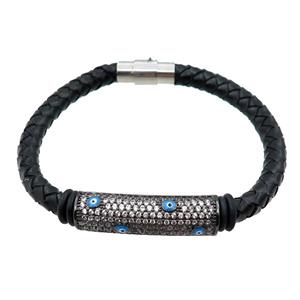 PU leather bracelet with magnetic clasp, copper tube beads pave zircon, evil eye, approx 6mm, 70mm dia