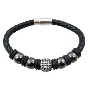 PU leather bracelet with magnetic clasp, copper beads pave zircon, approx 6mm, 70mm dia
