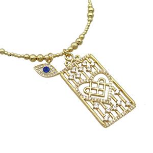 Copper Necklace Rectangle Card Pave Zircon Eye Gold Plated, approx 20-40mm, 7.5-13mm, 42-47cm length