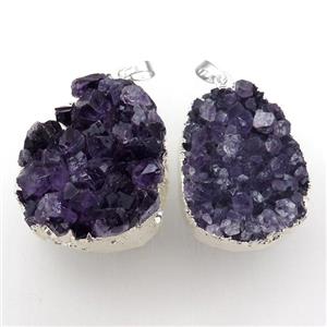 Amethyst Druzy pendant, freeform, silver plated, approx 25-45mm