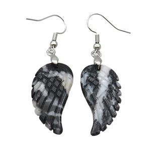 Black White Zebra Jasper Angel Wings Hook Earring, approx 15-30mm