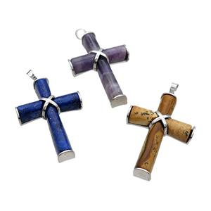 Mix Gemstone Cross Pave Pendant Platinum Plated, approx 30-45mm