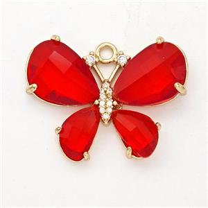 Red Crystal Glass Copper Butterfly Pendant Pave Zirconia Gold Plated, approx 21-30mm