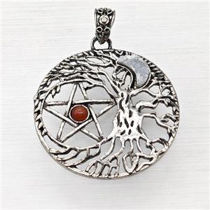 Alloy Tree Of Life Pendant Pave White Druzy Moon Red Agate Star Antique Silver, approx 40mm