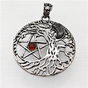 Alloy Tree Of Life Pendant Pave Druzy Moon Red Agate Star Antique Silver, approx 40mm