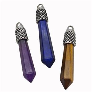 Natural Gemstone Prism Pendant Alloy Antique Silver Mixed, approx 11-60mm