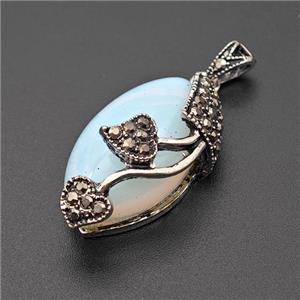 Natural Opalite Leaf Pendant Alloy Pave Rhinestone Antique Silver, approx 15-25mm