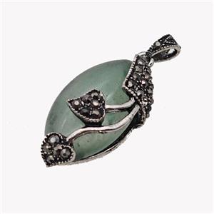 Natural Green Aventurine Leaf Pendant Alloy Pave Rhinestone Antique Silver, approx 15-25mm