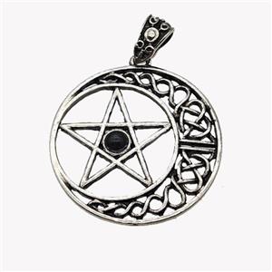 Alloy Moon Star Pendant Pave Black Obsidian Antique Silver, approx 33mm