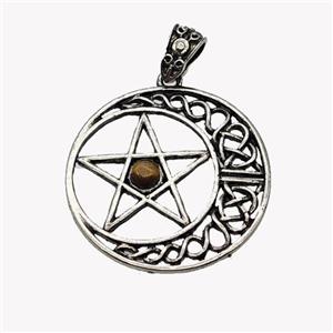 Alloy Moon Star Pendant Pave Tiger Eye Stone Antique Silver, approx 33mm