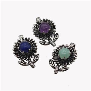 Alloy Sunflower Pendant Pave Gemstone Antique Silver Mixed, approx 10mm, 20-35mm