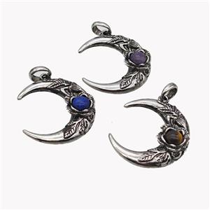 Alloy Moon Pendant Pave Gemstone Antique Silver Mixed, approx 35-40mm