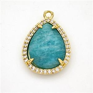 Natura Green Amazonite Teardrop Pendant Copper Pave Zirconia Gold Plated, approx 15-18mm