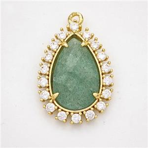 Green Strawberry Quartz Teardrop Pendant Copper Pave Zirconia Gold Plated, approx 17-22mm