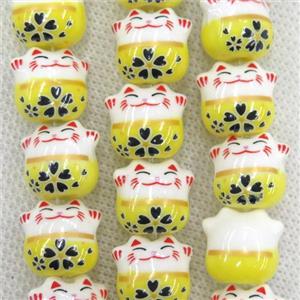 yellow Oriental Porcelain beads, fortune cat, approx 13-14mm, 25pcs per st