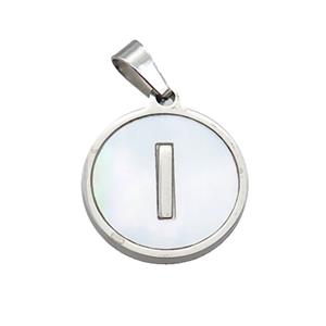 Raw Stainless Steel Pendant Pave White Shell Letter-I, approx 15mm dia