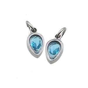 Raw Stainless Steel Teardrop Pendant Pave Aqua Zircon, approx 4x6mm
