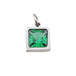 Raw Stainless Steel Square Pendant Pave Green Zircon, approx 6x6mm