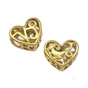 Stainless Steel Heart Beads Zodiac Capricorn Large Hole Hollow Gold Plated, approx 12mm, 4mm hole