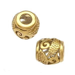 Stainless Steel Barrel Beads Hollow Large Hole Gold Plated, approx 9-10mm, 4mm hole
