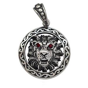 316 Stainless Steel Lion Pendant Pave Red Rhinestone Antique Silver, approx 25mm