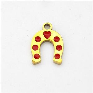 Stainless Steel Horse-Shoe Pendant Red Enamel Gold Plated, approx 8.5-10mm