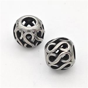 Stainless Steel Round Beads Hollow Large Hole Antique Silver, approx 9-10mm, 4mm hole