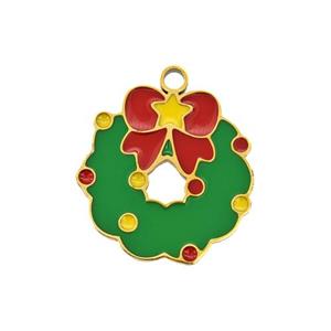 Christmas Wreath Charms 304 Stainless Steel Pendant Enamel Gold Plated, approx 14.5mm