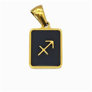 Stainless Steel Symbol Pendant Zodiac Sagittarius Black Enamel Rectangle Gold Plated, approx 11-13mm