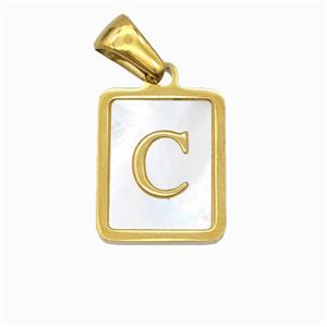 Stainless Steel Rectangle Pendant Pave Shell Letter-C Gold Plated, approx 12-15mm