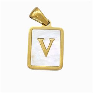 Stainless Steel Rectangle Pendant Pave Shell Letter-V Gold Plated, approx 12-15mm