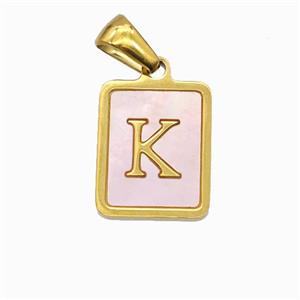 Stainless Steel Rectangle Pendant Pave Pink Shell Letter-K Gold Plated, approx 12-15mm