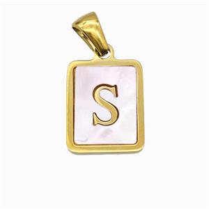 Stainless Steel Rectangle Pendant Pave Pink Shell Letter-S Gold Plated, approx 12-15mm