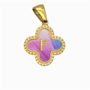 Stainless Steel Clover Pendant Letter-F Painted Gold Plated, approx 15mm