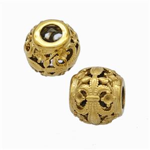 Titanium Steel Round Beads Large Hole Hollow Fleur De Lis Gold Plated, approx 9-10mm, 4mm hole