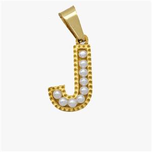 Stainless Steel Pendant Pave Pearlized Resin Letter-J Gold Plated, approx 10-15mm