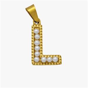 Stainless Steel Pendant Pave Pearlized Resin Letter-L Gold Plated, approx 10-15mm