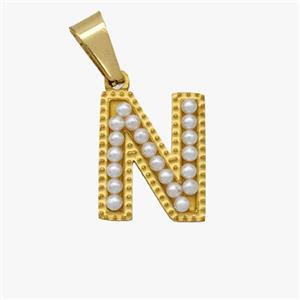 Stainless Steel Pendant Pave Pearlized Resin Letter-N Gold Plated, approx 10-15mm