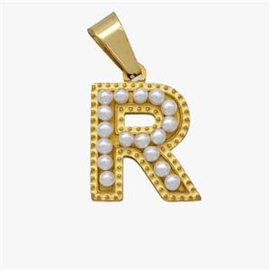 Stainless Steel Pendant Pave Pearlized Resin Letter-R Gold Plated, approx 10-15mm
