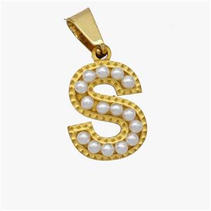 Stainless Steel Pendant Pave Pearlized Resin Letter-S Gold Plated, approx 10-15mm