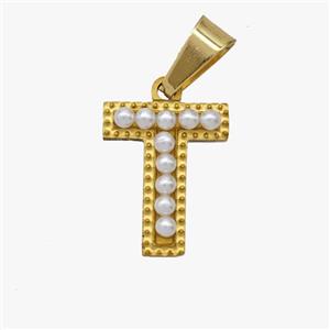 Stainless Steel Pendant Pave Pearlized Resin Letter-T Gold Plated, approx 10-15mm