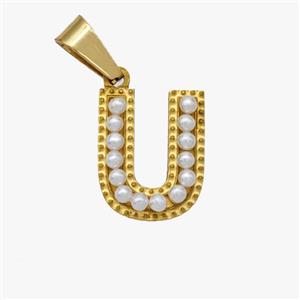 Stainless Steel Pendant Pave Pearlized Resin Letter-U Gold Plated, approx 10-15mm