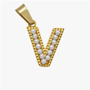 Stainless Steel Pendant Pave Pearlized Resin Letter-V Gold Plated, approx 10-15mm