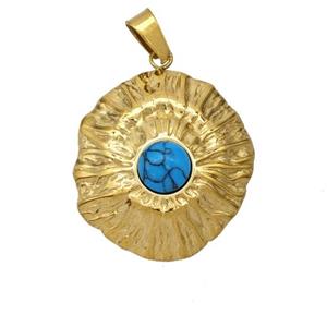 Stainless Steel Flower Pendant Pave Blue Howlite Gold Plated, approx 21-23mm