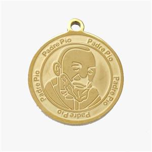 Stainless Steel Pendant Medal Padre Pio Circle Gold Plated, approx 18mm