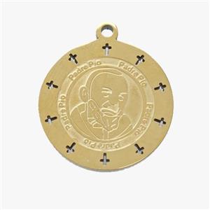 Stainless Steel Pendant Medal Padre Pio Circle Gold Plated, approx 18mm