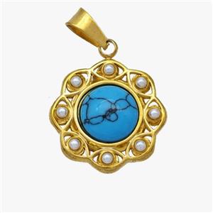 Stainless Steel Flower Pendant Pave Blue Howlite Pearlized Resin Gold Plated, approx 16.5mm