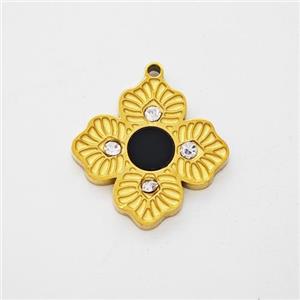 Stainless Steel Clover Pendant Pave Rhinestone Black Acrylic Gold Plated, approx 14mm